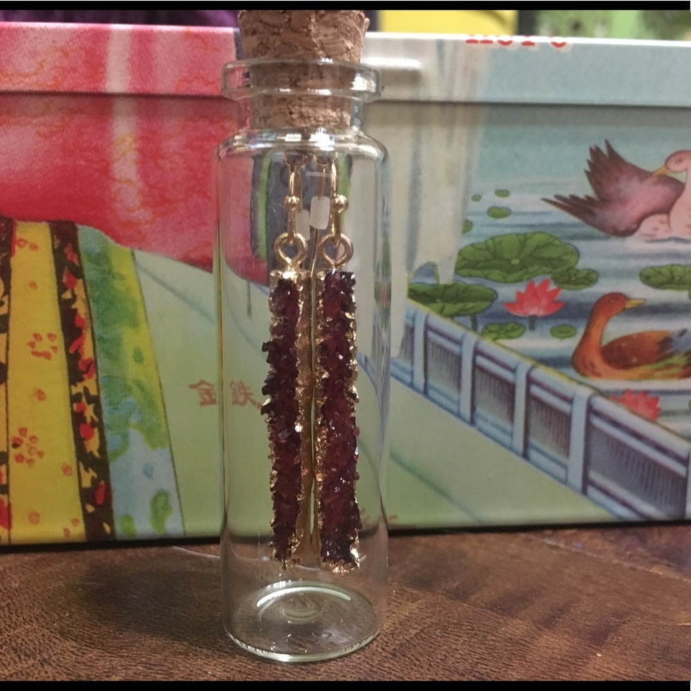 Ruby red druzy rectangular earrings